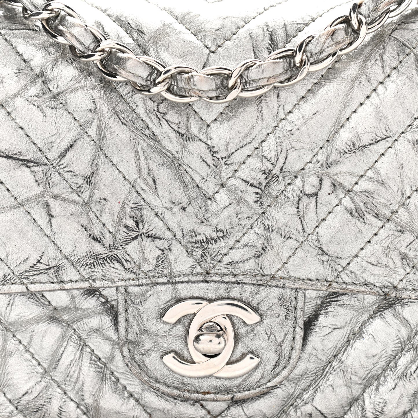 Metallic Patent Crumpled Calfskin Chevron Quilted Mini Square Flap Silver