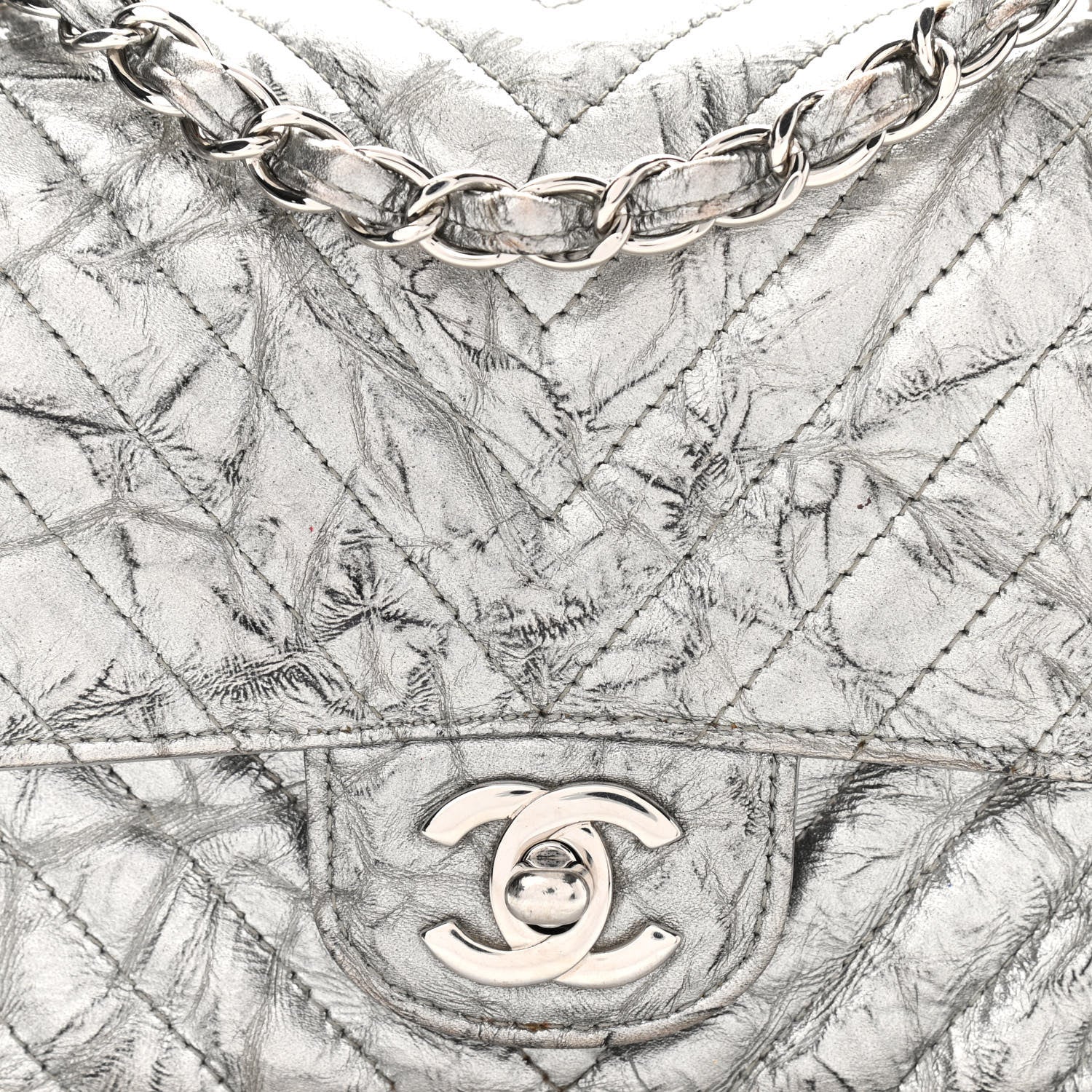 Chanel Metallic Patent Crumpled Calfskin Chevron Quilted Mini Square Flap Silver 8 of 16