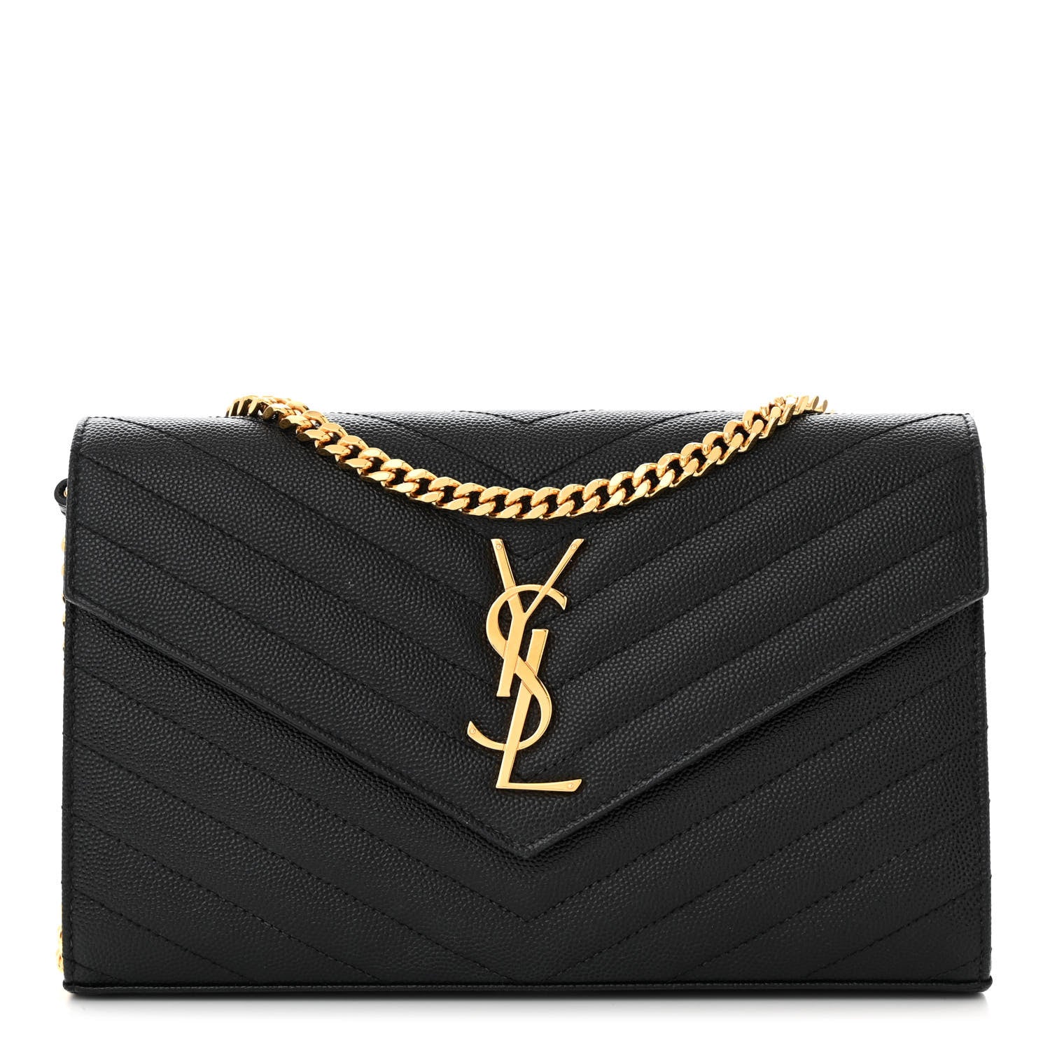Saint Laurent Grain De Poudre Matelasse Chevron Monogram Chain Wallet Black 1 of 14
