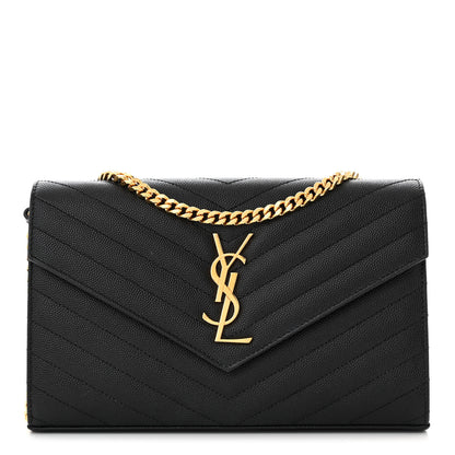 Saint Laurent Grain De Poudre Matelasse Chevron Monogram Chain Wallet Black 1 of 14