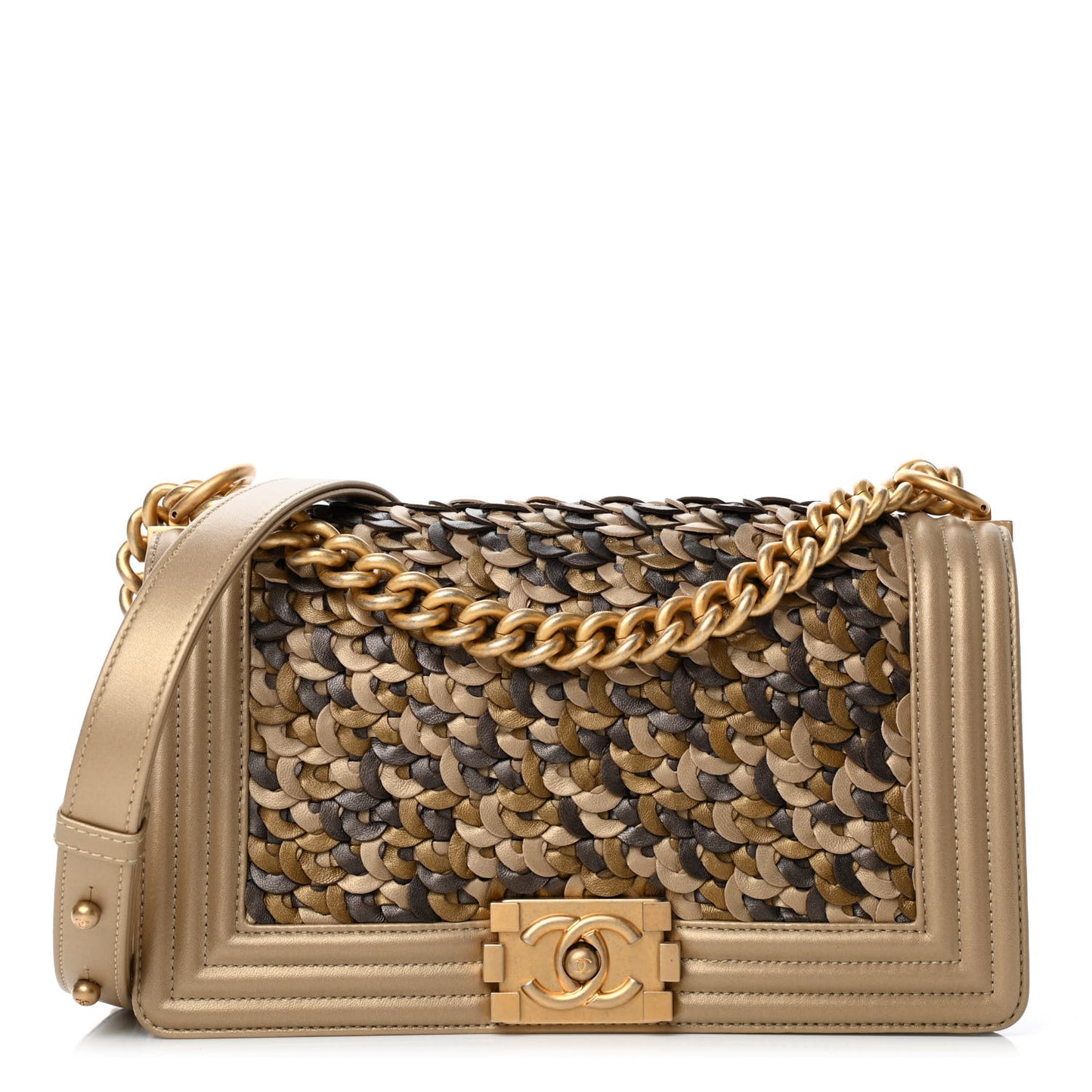 Metallic Lambskin Medium Scaled Boy Flap Gold