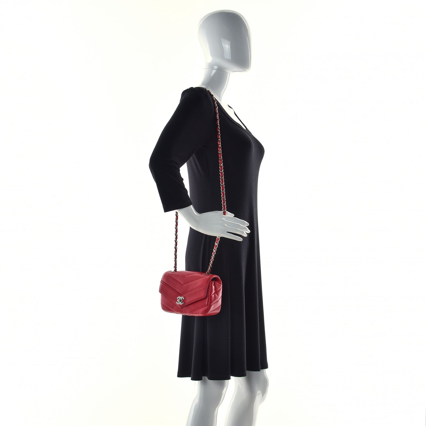 Caviar Chevron Quilted Small Single Flap Red