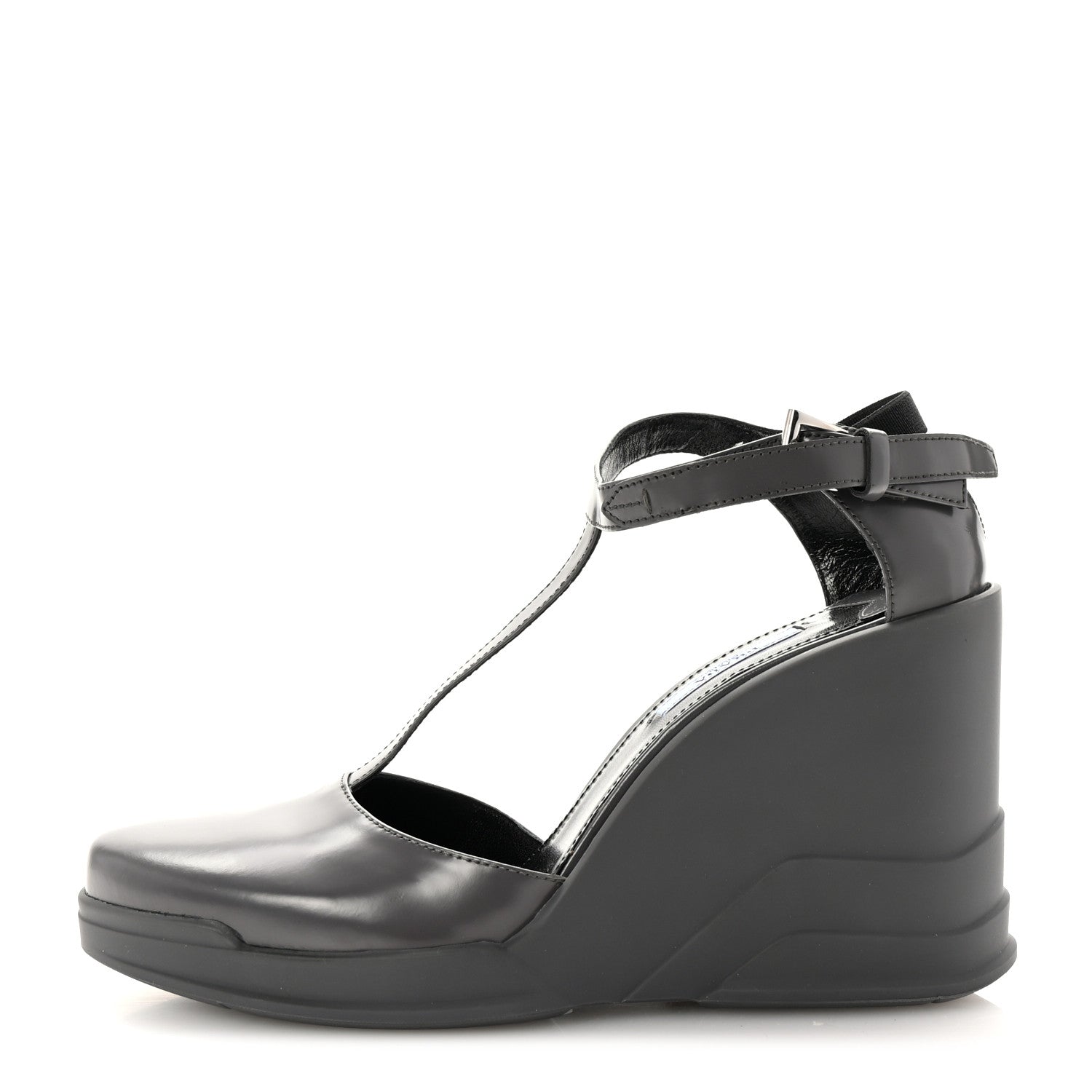 Prada Spazzolato Mary Jane T Strap Wedge Pumps 40 Mercurio 1 of 8