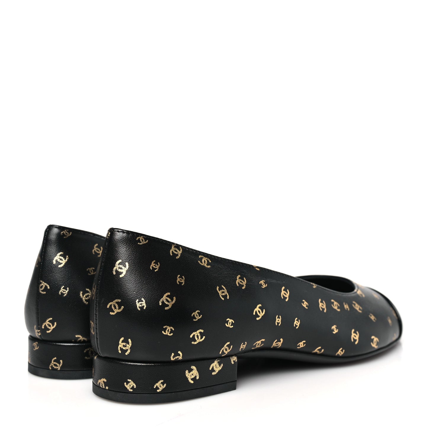Lambskin Patent Calfskin Printed CC Cap Toe Ballerina Flats 36.5 Black Gold