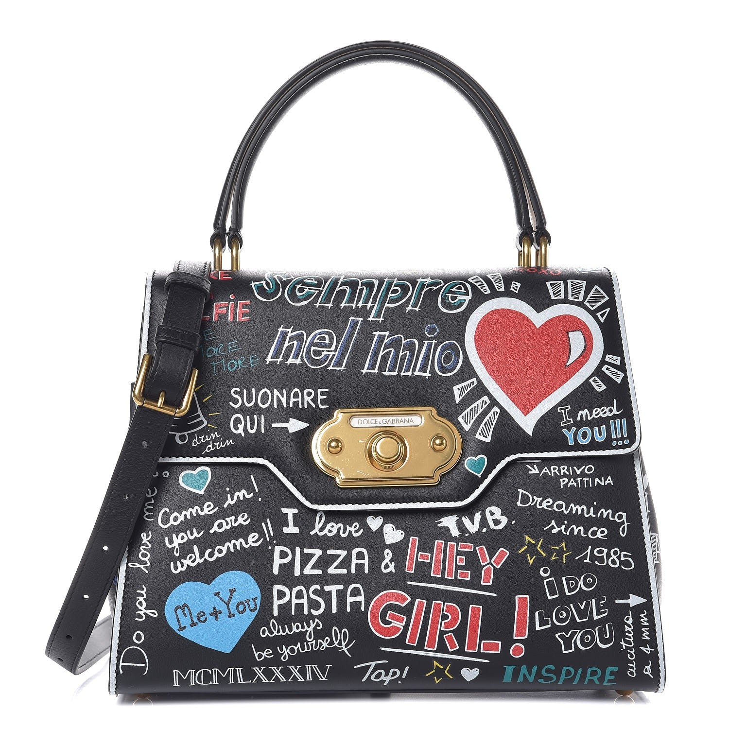 Dolce & Gabbana Calfskin Welcome Graffiti Printed Satchel Black 1 of 8
