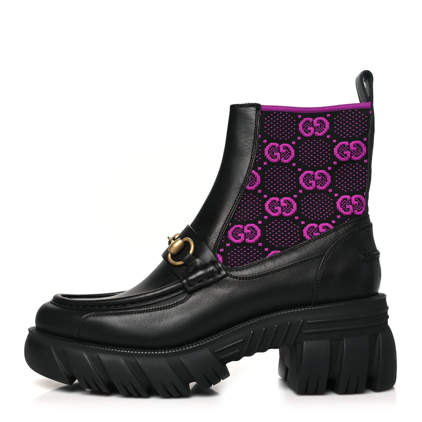 Quebec Calfskin Technical Jersey Knit GG Monogram Horsebit Ankle Boots 39 Black Fucsia