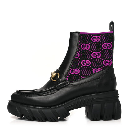 Gucci Quebec Calfskin Technical Jersey Knit GG Monogram Horsebit Ankle Boots 39 Black Fucsia 1 of 9