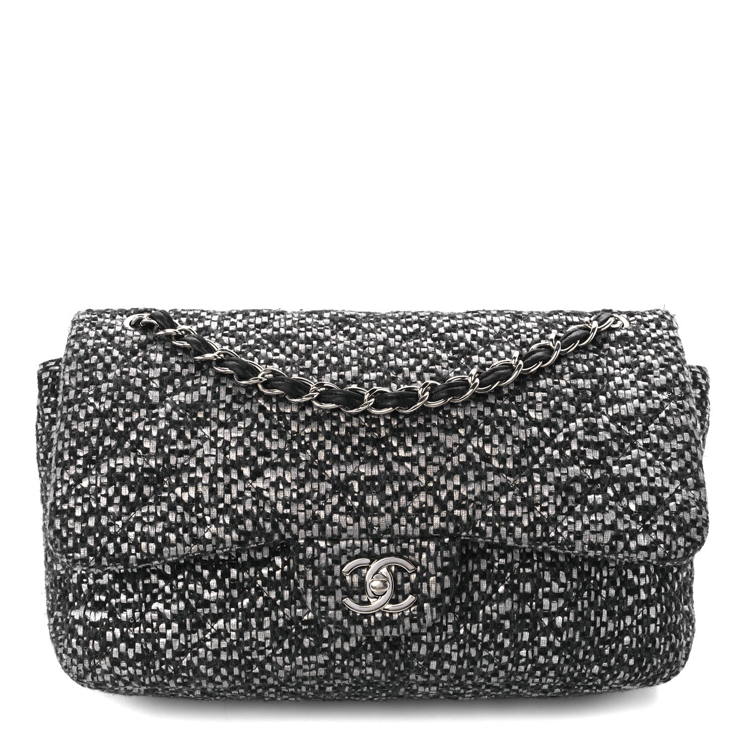 Chanel Sequin Tweed Jumbo Double Flap Black Grey 1 of 12