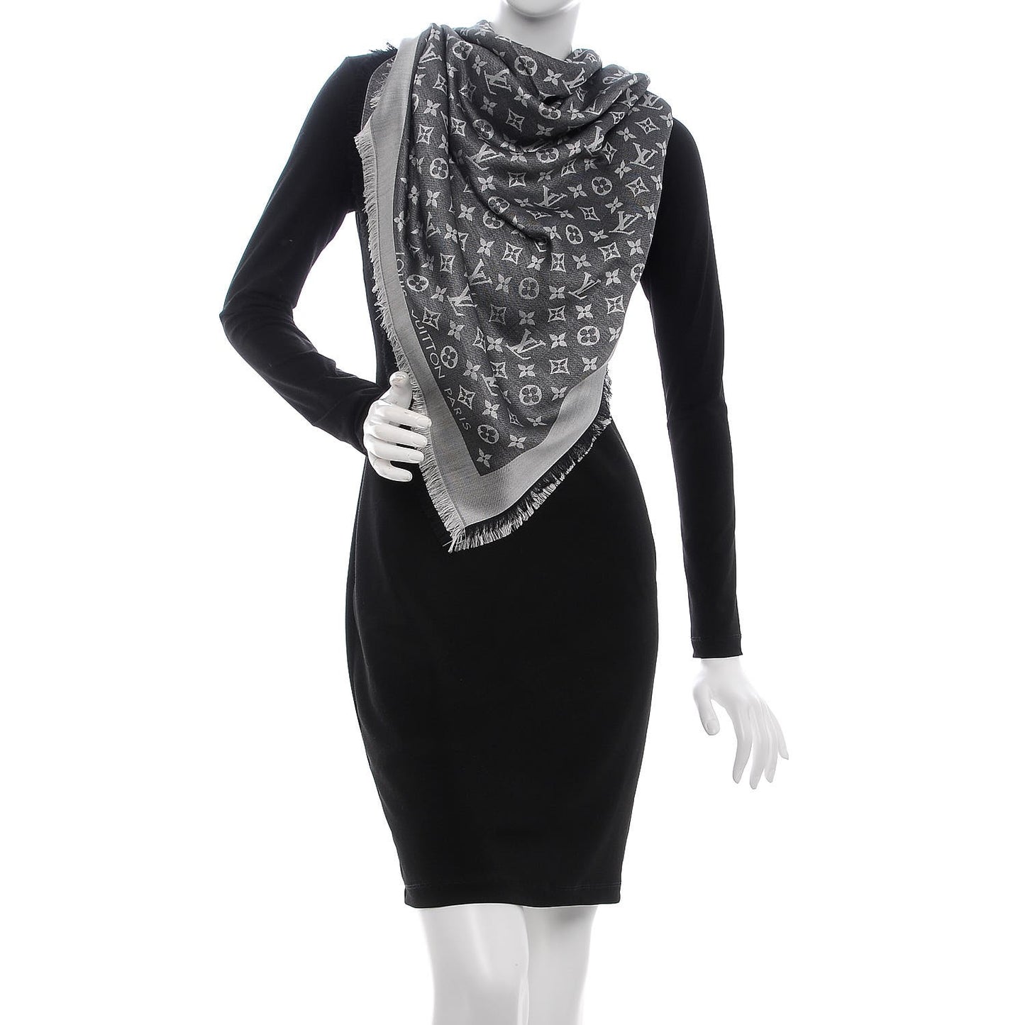 Wool Silk Monogram Denim Shawl Black
