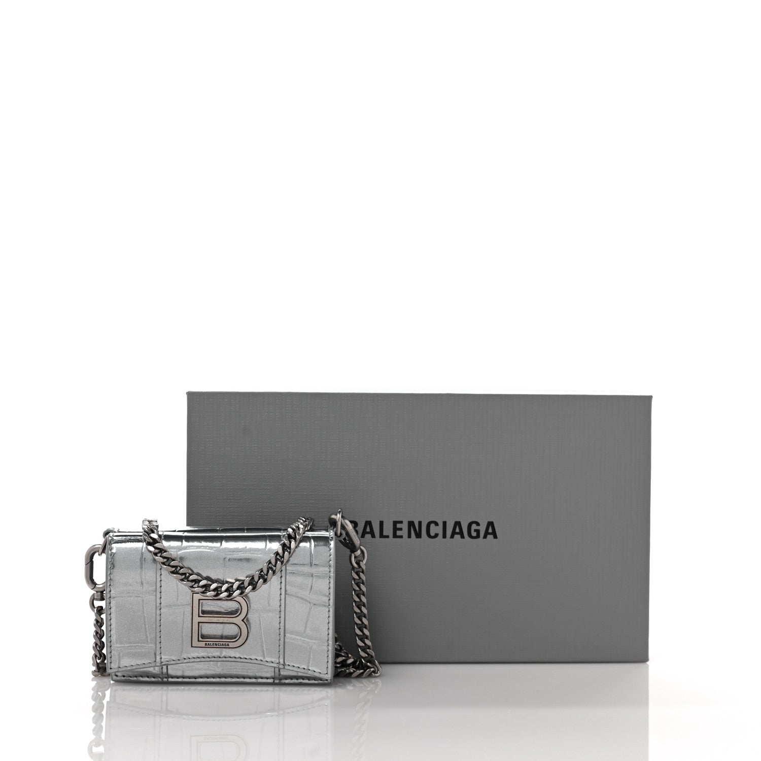 Balenciaga Metallic Calfskin Crocodile Embossed Mini Hourglass Wallet on Chain Silver 8 of 8