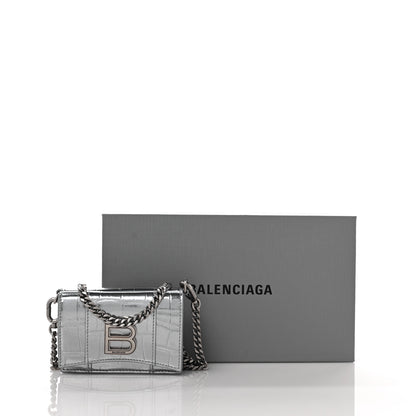 Balenciaga Metallic Calfskin Crocodile Embossed Mini Hourglass Wallet on Chain Silver 8 of 8