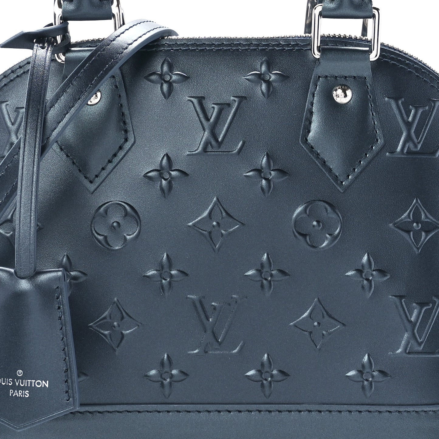 Metallic Calfskin Debossed Monogram Alma BB Steel Blue
