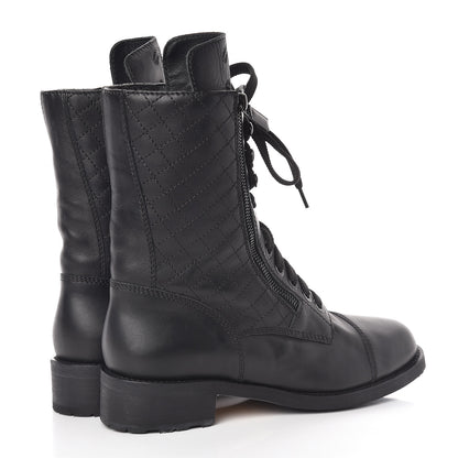 Chanel Calfskin Quilted CC Tall Lace Up Combat Boots 40 Black 5 of 12