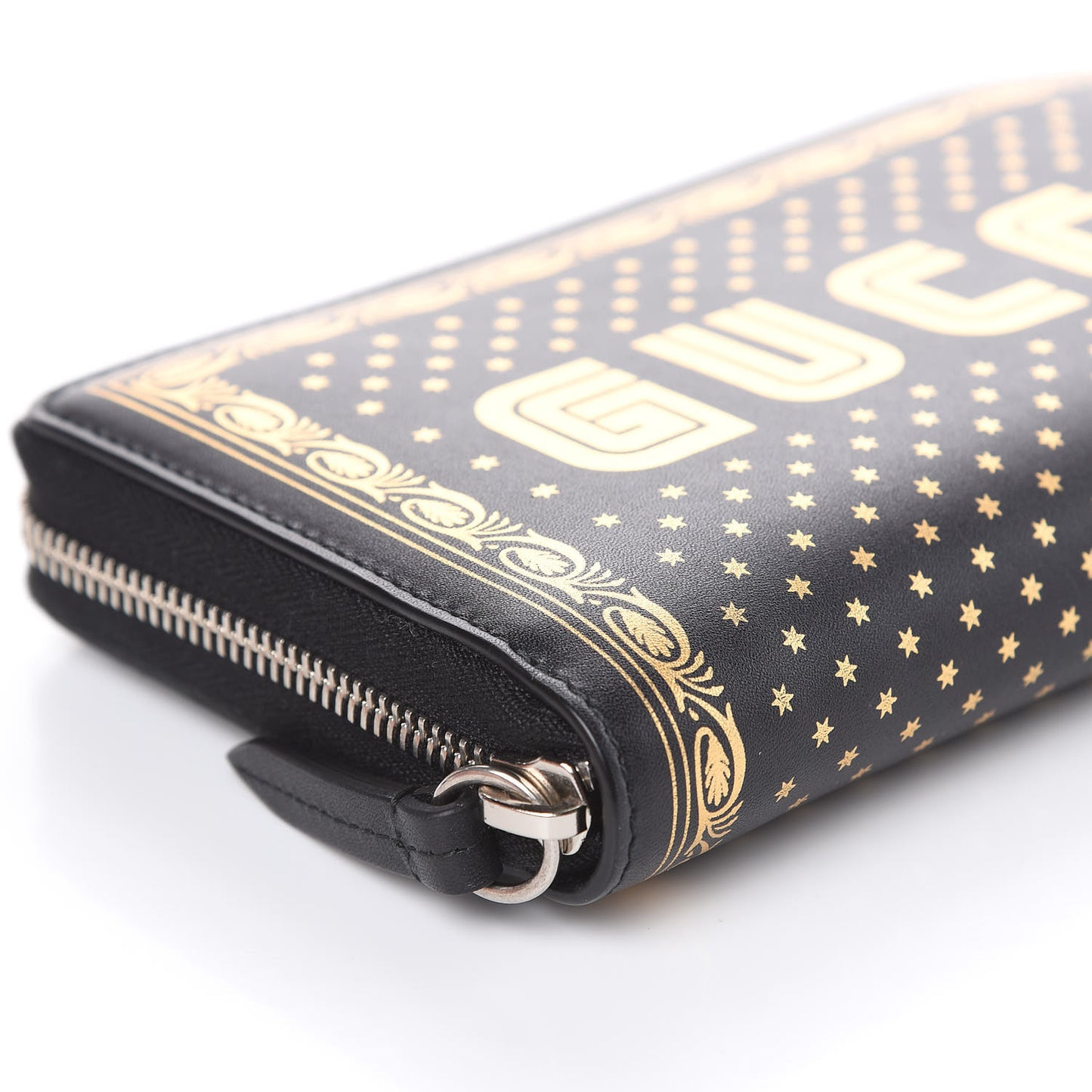 X SEGA Calfskin GUCCY Stars Zip Around Wallet Black Gold