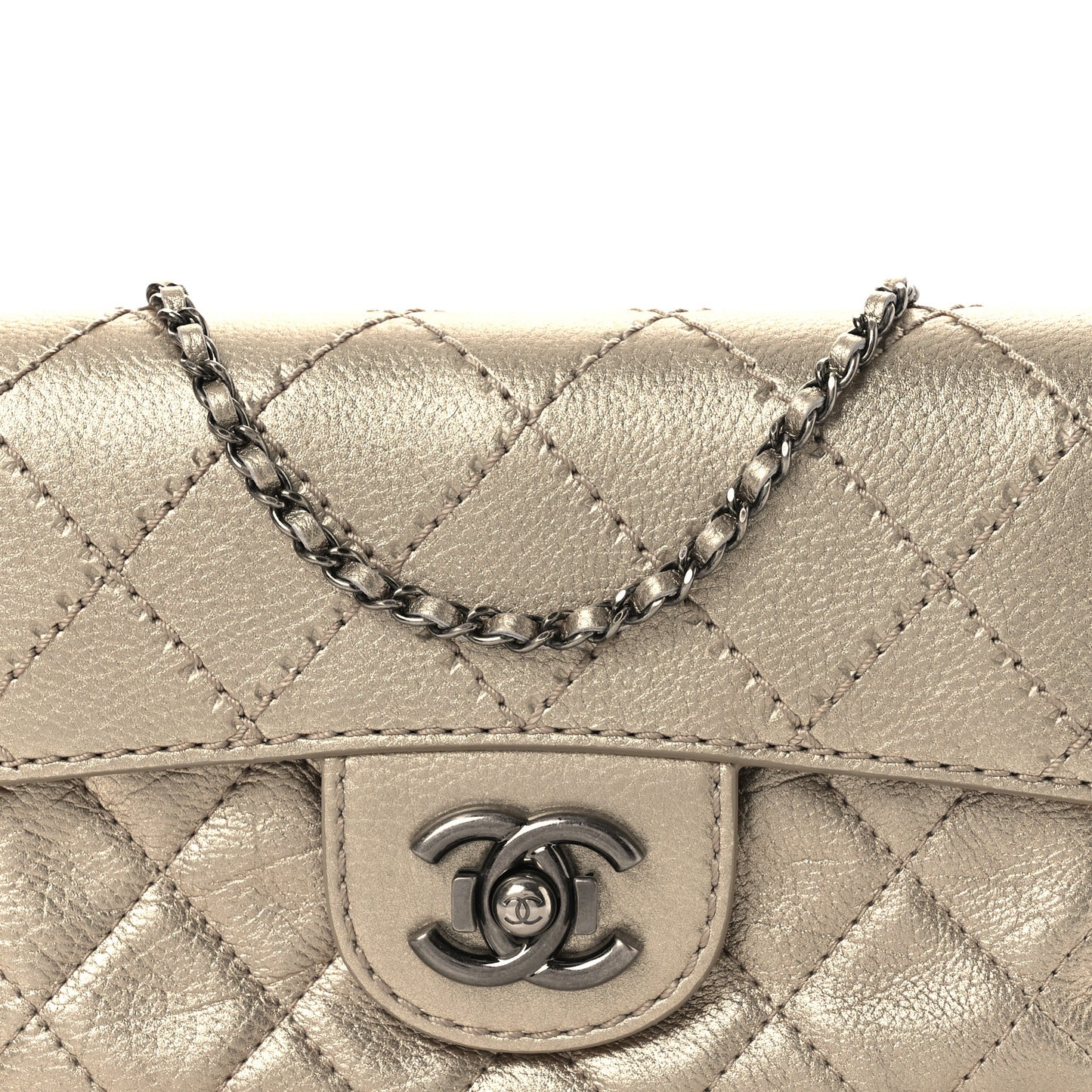 Metallic Calfskin Quilted Flap Clutch With Chain Light Gold