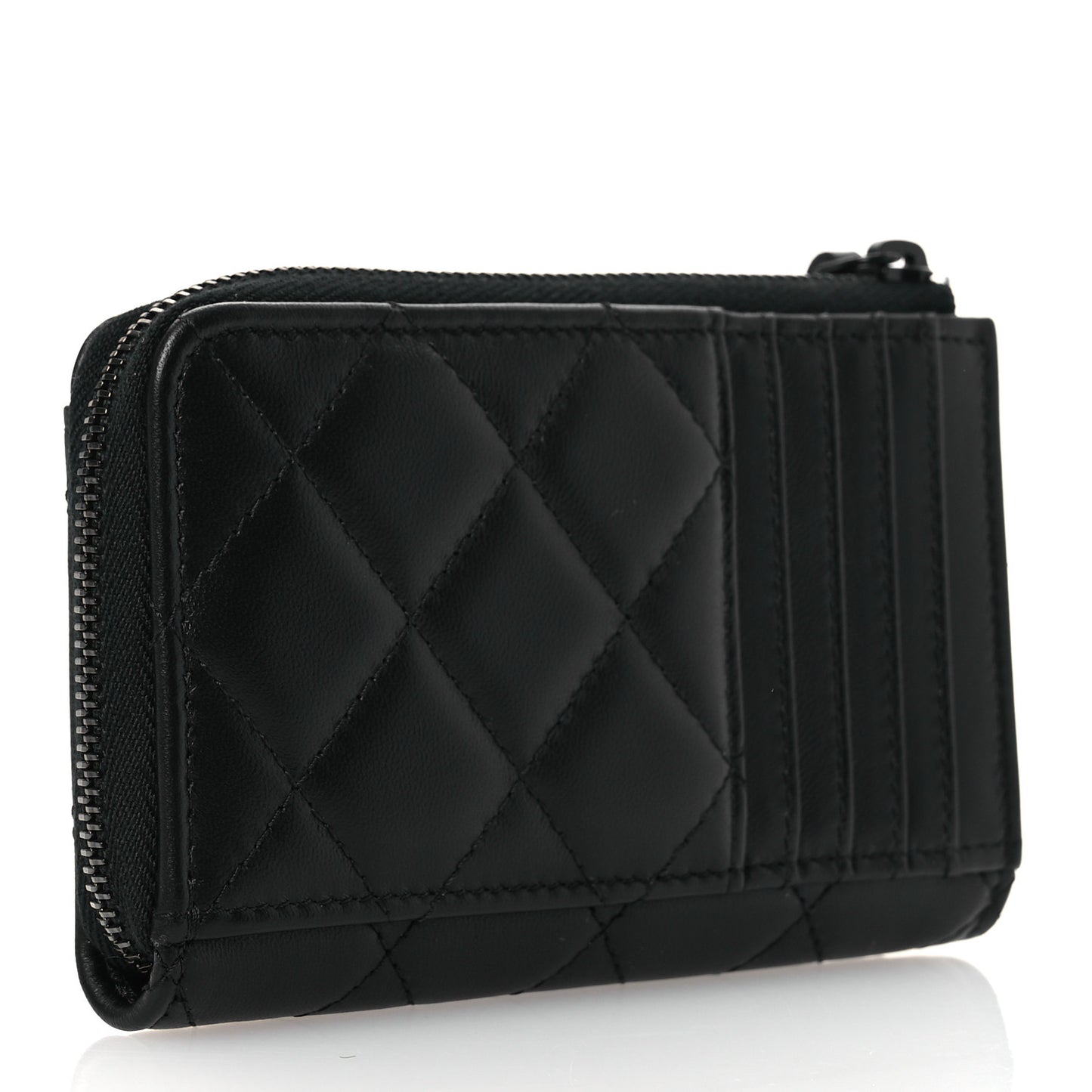 Pearly Lambskin Quilted Zip Card Holder So Black