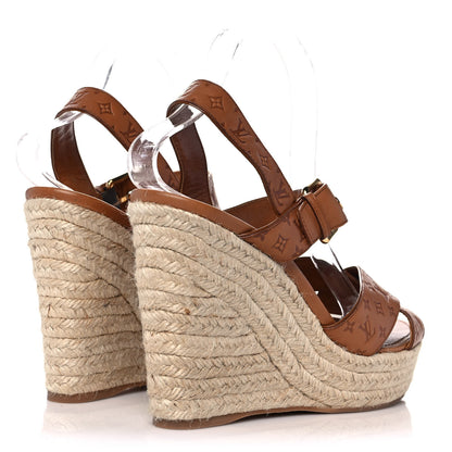 Louis Vuitton Calfskin Monogram Embossed Espadrille Wedge Sandals 41 Cognac 4 of 9