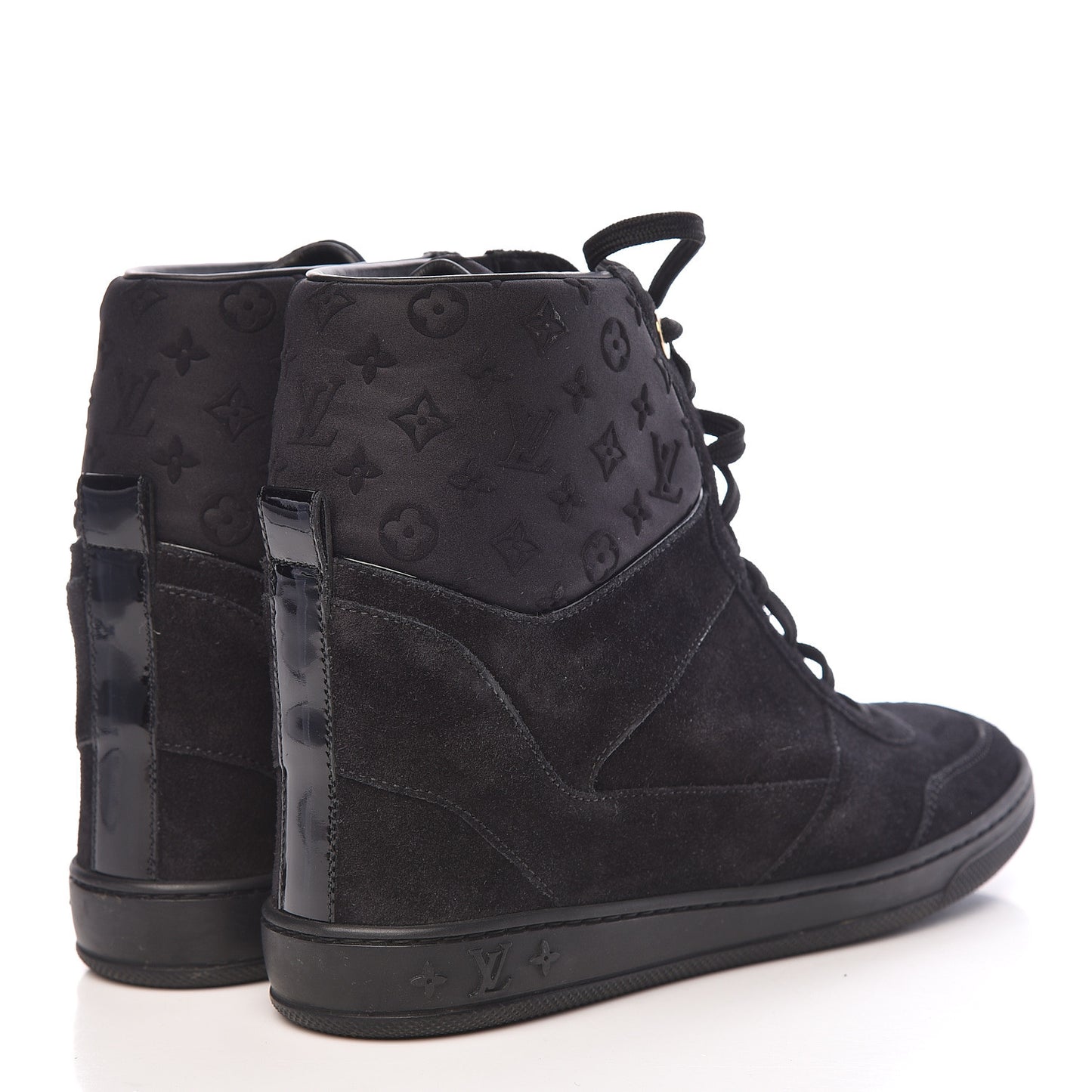 Calfskin Suede Monogram Cliff Top Wedge Sneakers 38.5 Black