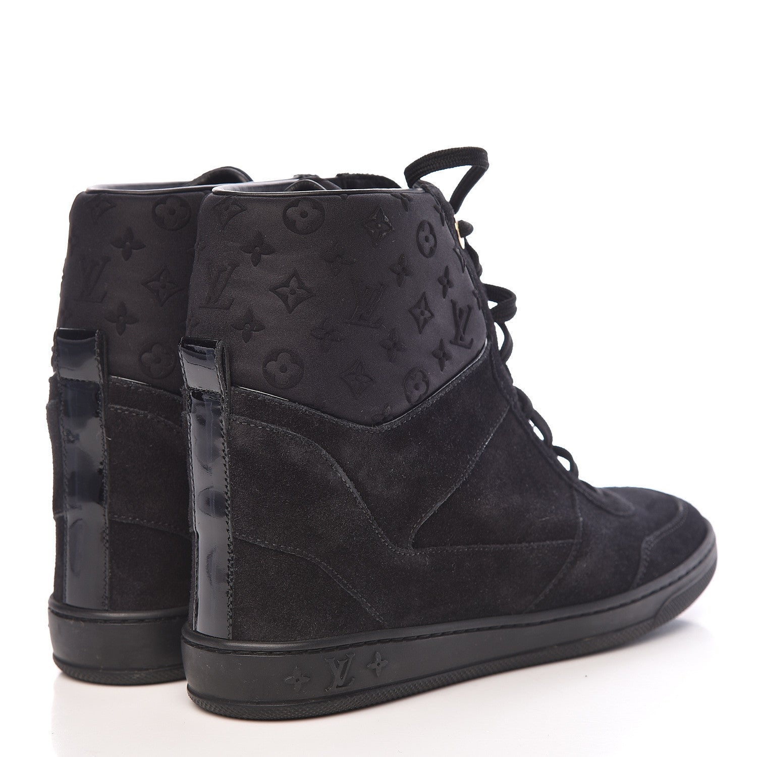 Louis Vuitton Calfskin Suede Monogram Cliff Top Wedge Sneakers 38.5 Black 4 of 14