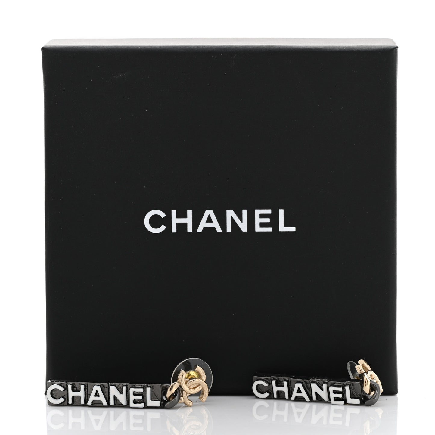 Metal Enamel CC Logo Drop Earrings Ruthenium Gold
