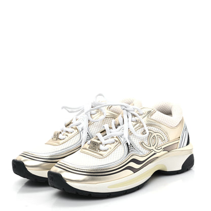 Chanel Fabric Laminated Calfskin Stretch CC Sneakers 36.5 White Gold Silver 3 of 8