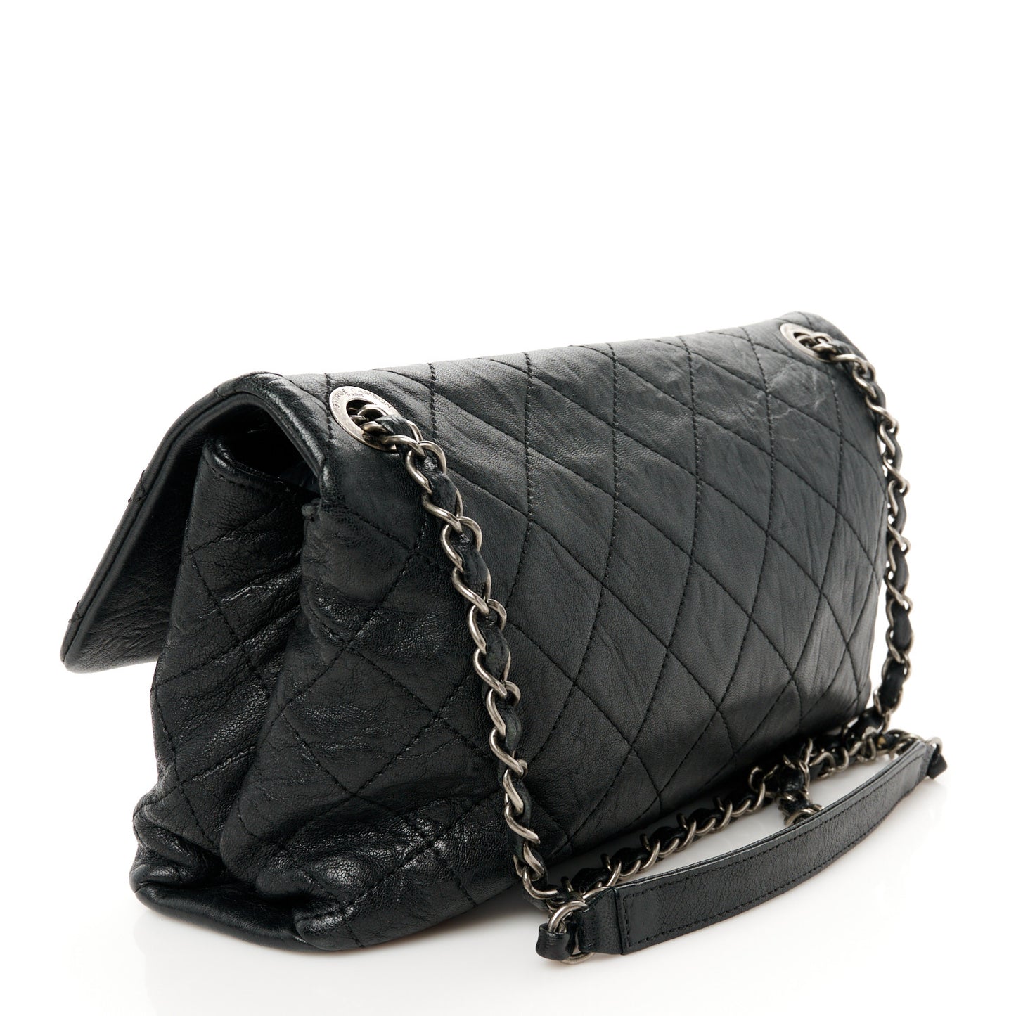 Crumpled Lambskin Quilted Medium Single Flap Black