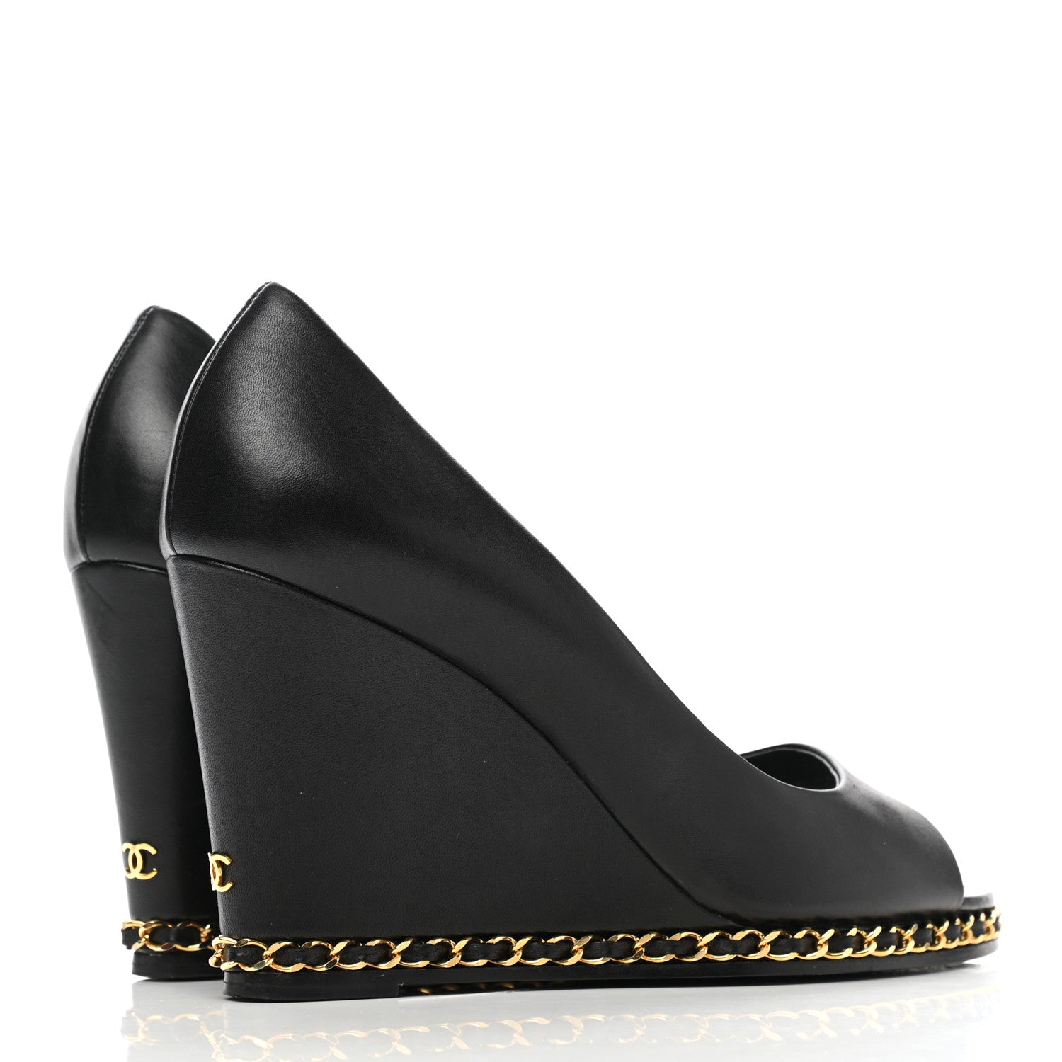 Chanel Calfskin Chain Peep Toe Wedge Pumps 39.5 Black 4 of 13