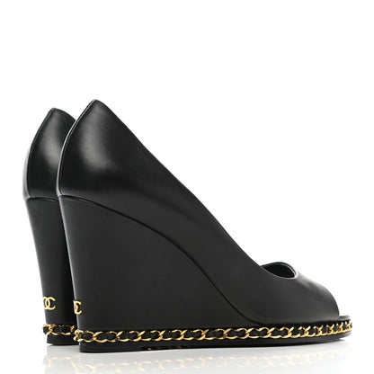 Chanel Calfskin Chain Peep Toe Wedge Pumps 39.5 Black 4 of 13