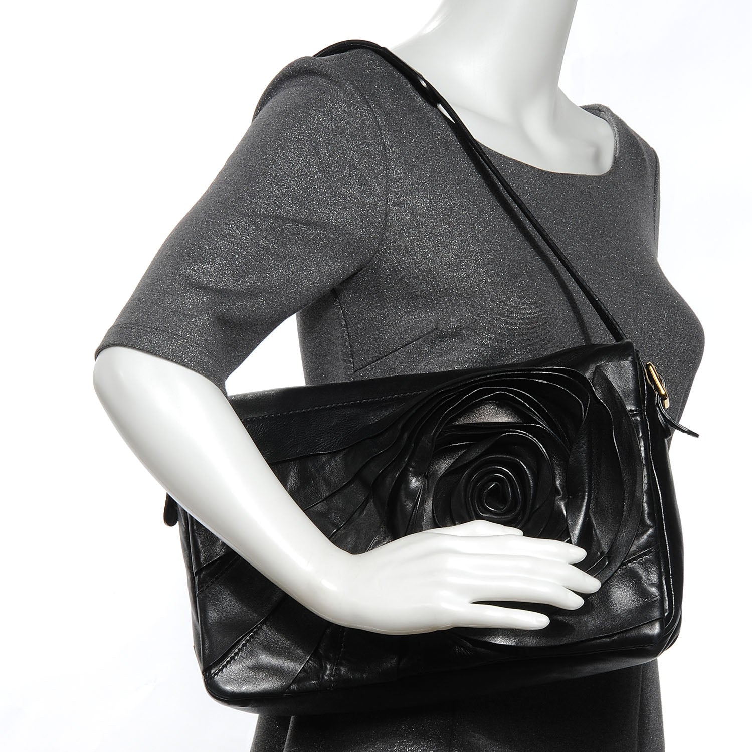 Valentino Garavani Nappa Leather Rosette Shoulder Bag Black 2 of 7