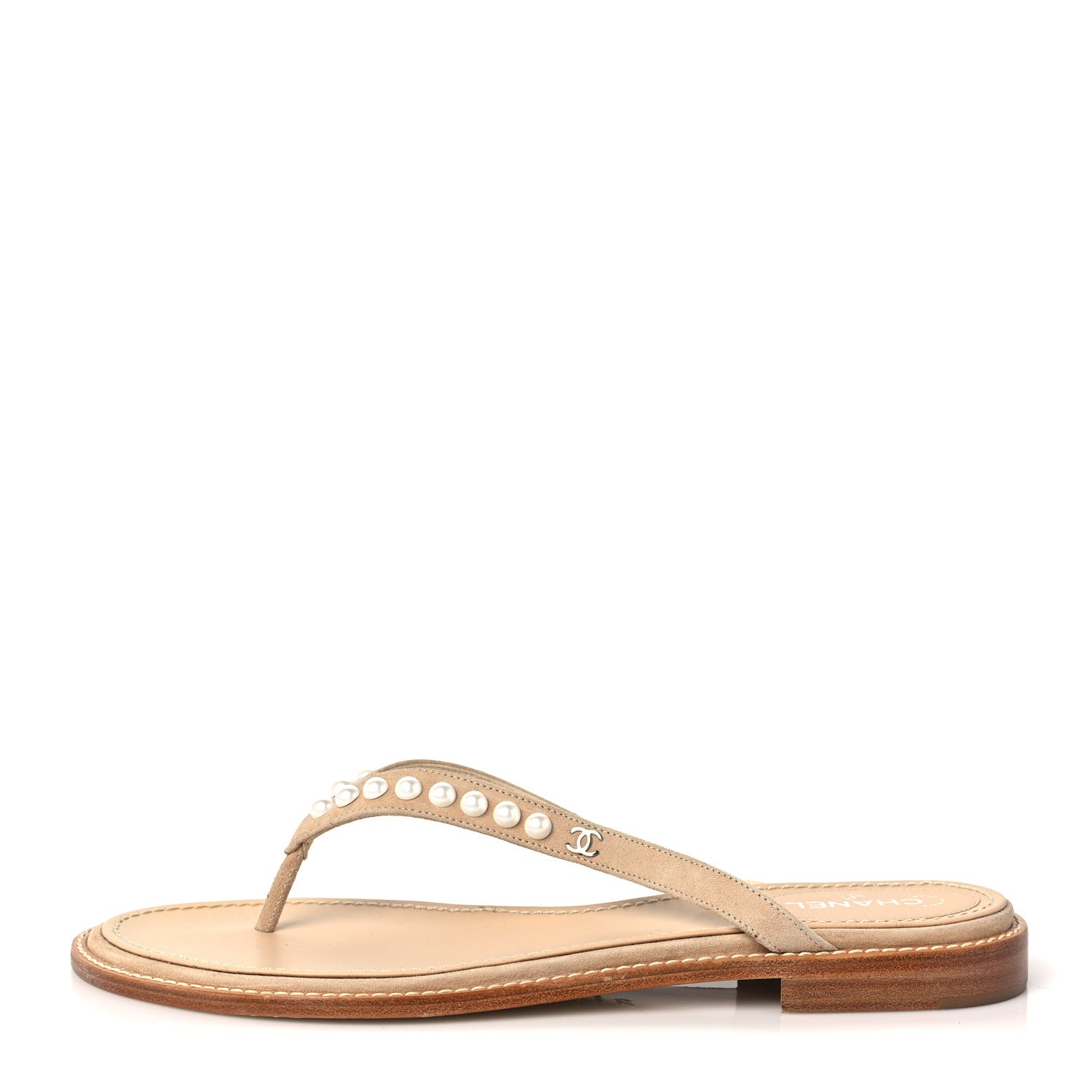 Chanel Suede Pearl Thong Sandals 41 Beige 1 of 8