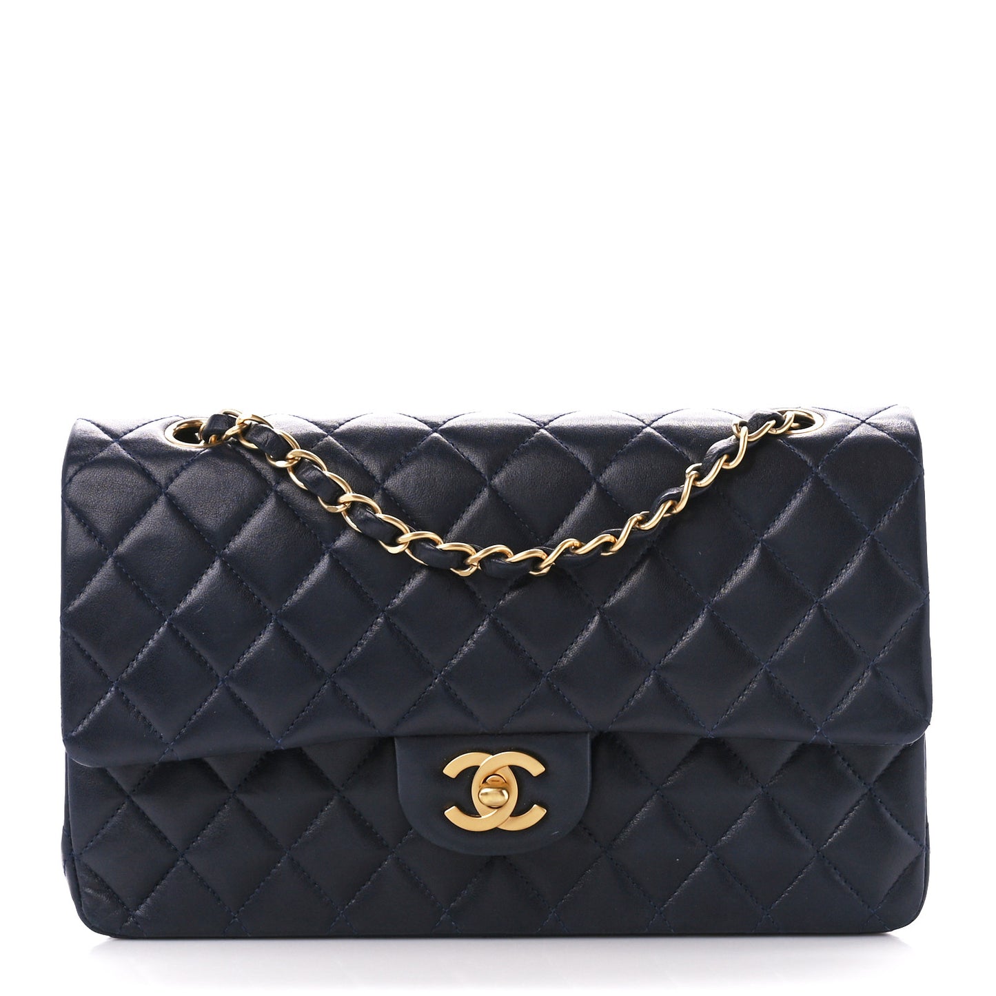 Lambskin Quilted Medium Double Flap Navy