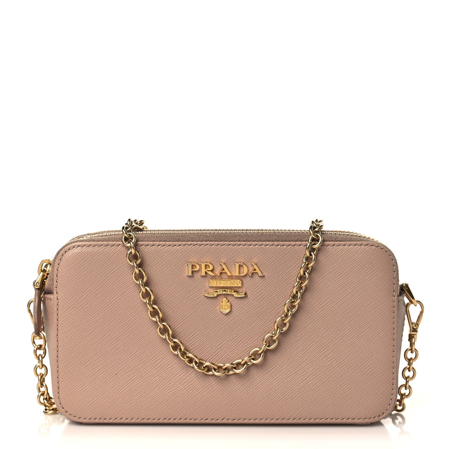 Saffiano Lux Mini Double Zip Chain Crossbody Bag Cammeo