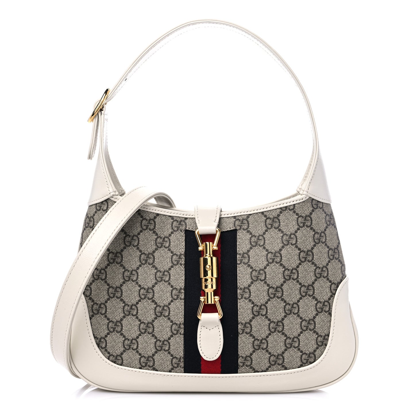 GG Supreme Monogram Azalea Calfskin Web Small Jackie 1961 Hobo Beige Ebony Mystic White