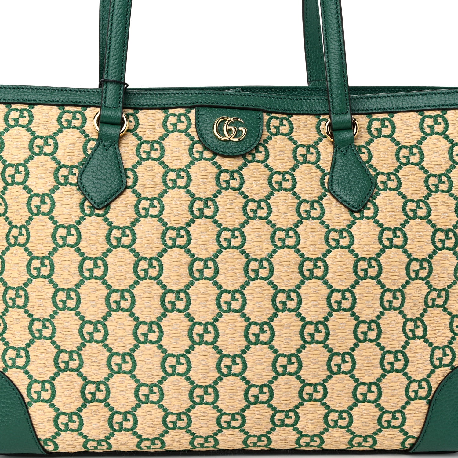 Gucci Straw Jacquard Dollar Calfskin GG Monogram Medium Ophidia Shopping Tote Natural Emerald 8 of 10
