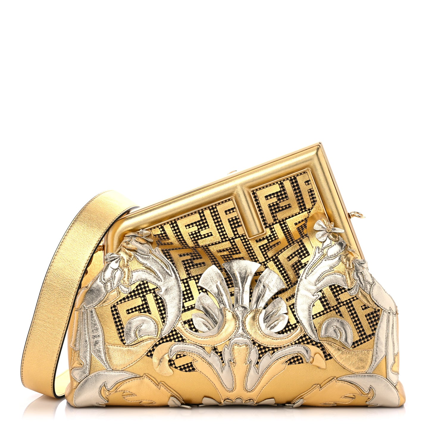X VERSACE Vitello Laminato Catalan Mirror Fendace FF Medium Fendi First Oro
