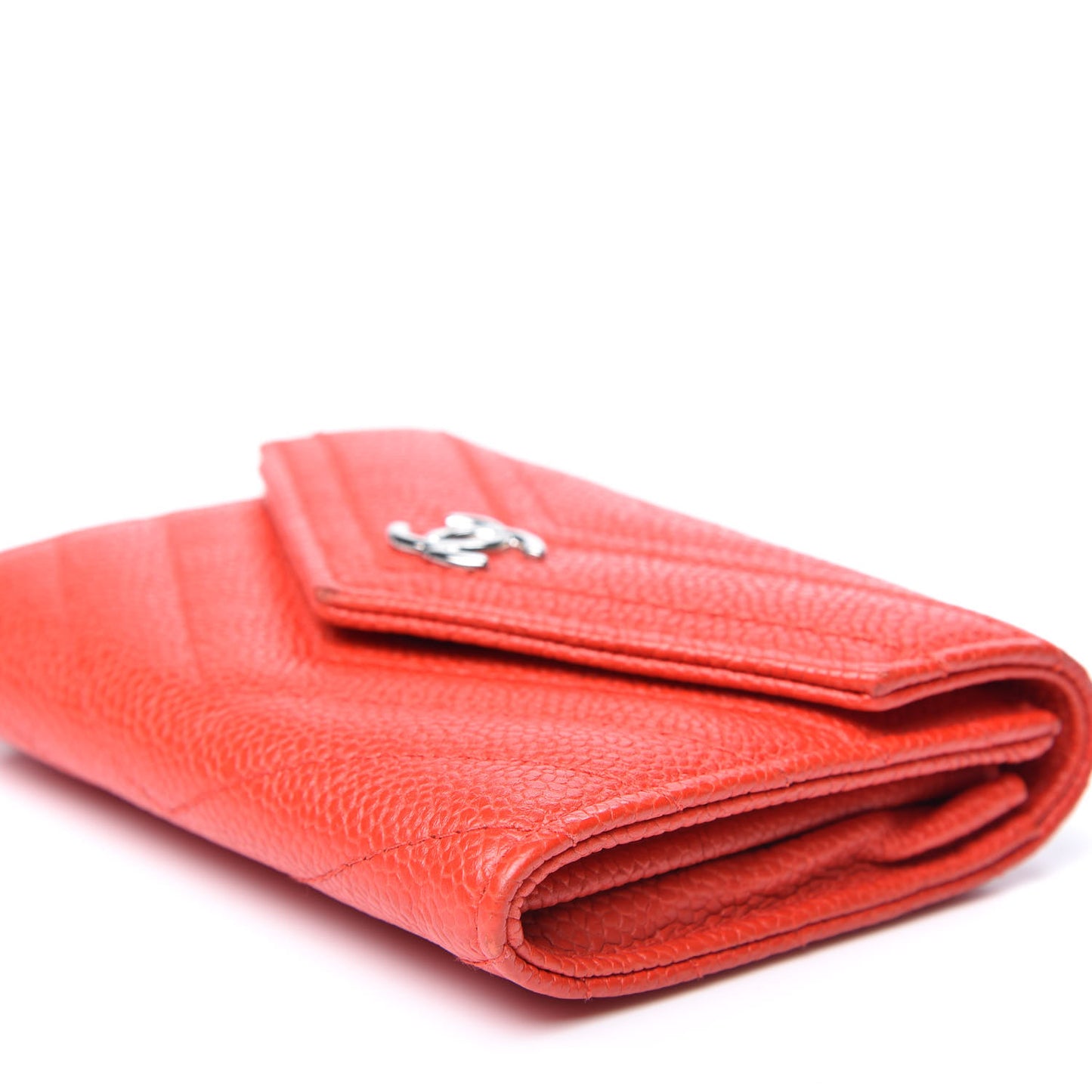 Caviar Chevron Quilted Flap Card Holder Wallet Red