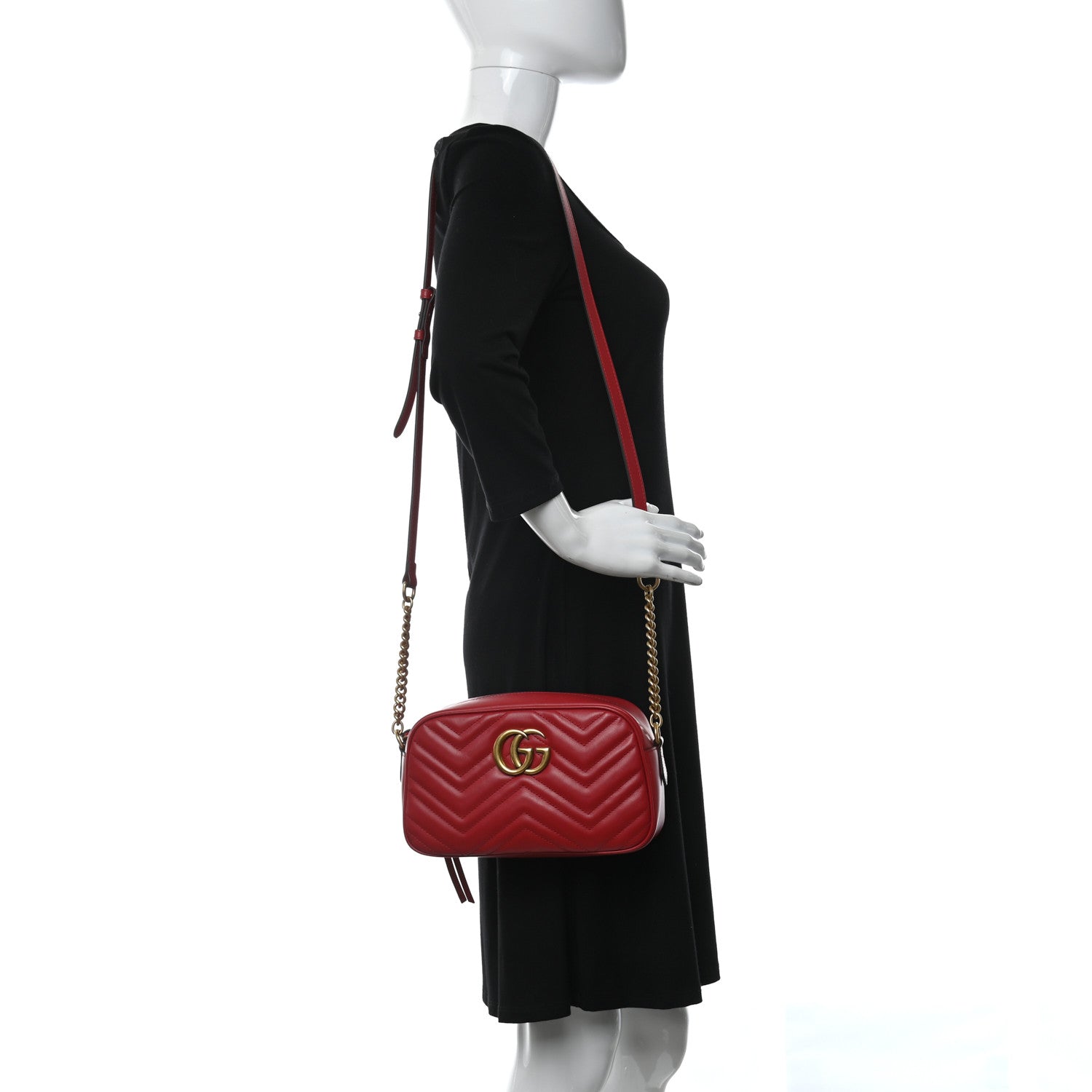 Gucci Calfskin Matelasse Small GG Marmont Chain Shoulder Bag Hibiscus Red 2 of 21