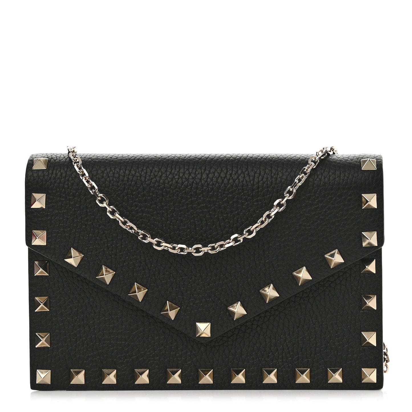 Pebbled Calfskin Rockstud Envelope Wallet on Chain Black