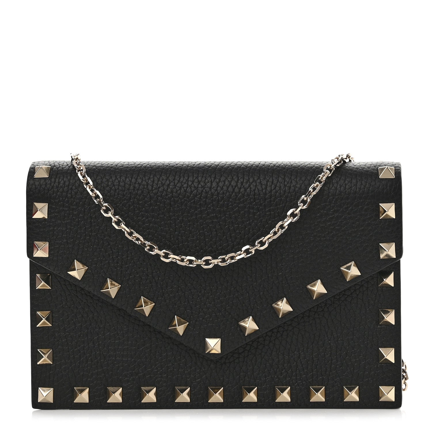 Valentino Garavani Pebbled Calfskin Rockstud Envelope Wallet on Chain Black 1 of 11
