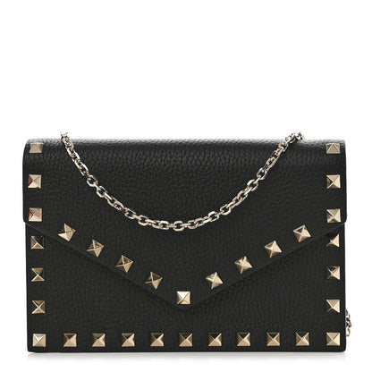 Valentino Garavani Pebbled Calfskin Rockstud Envelope Wallet on Chain Black 1 of 11