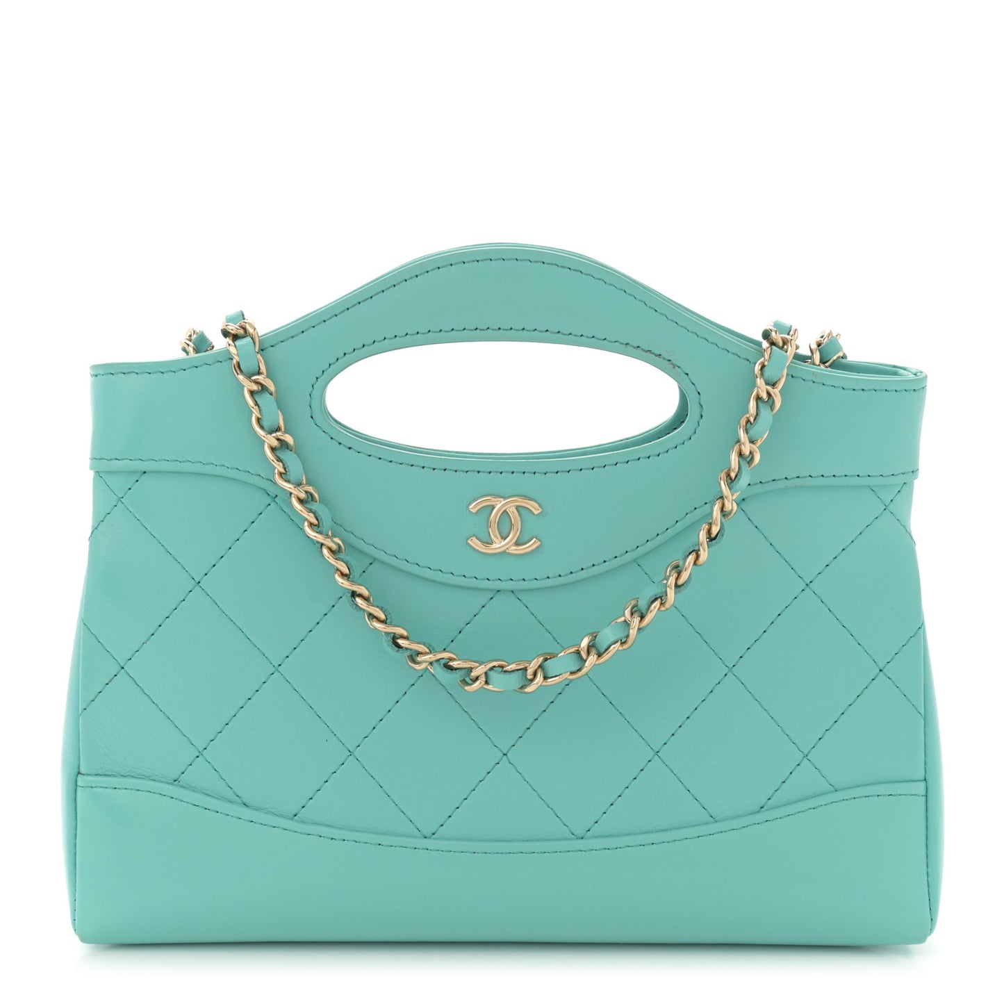 Shiny Crumpled Calfskin Quilted Nano 31 Shopping Bag Turquoise