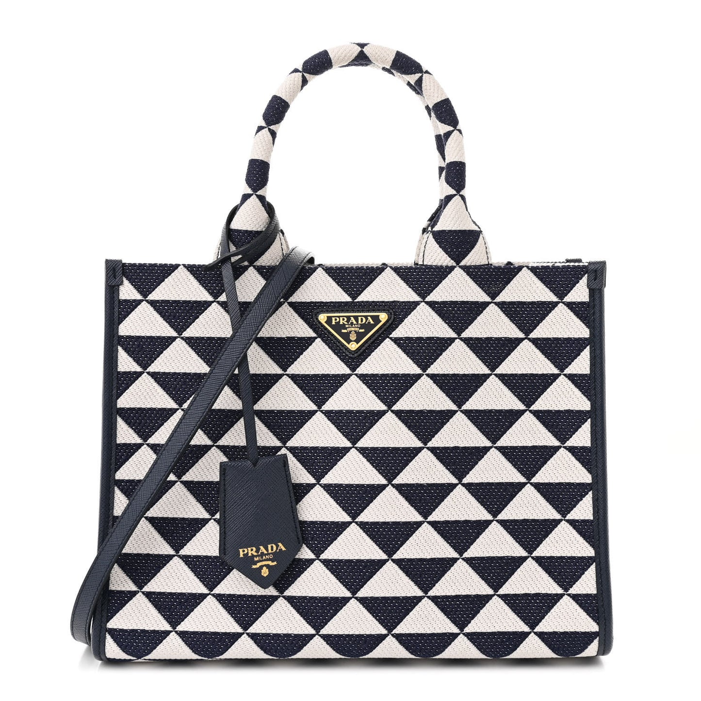 Jacquard Saffiano Triangolo Symbole Embroidered Small Tote Baltico Talco
