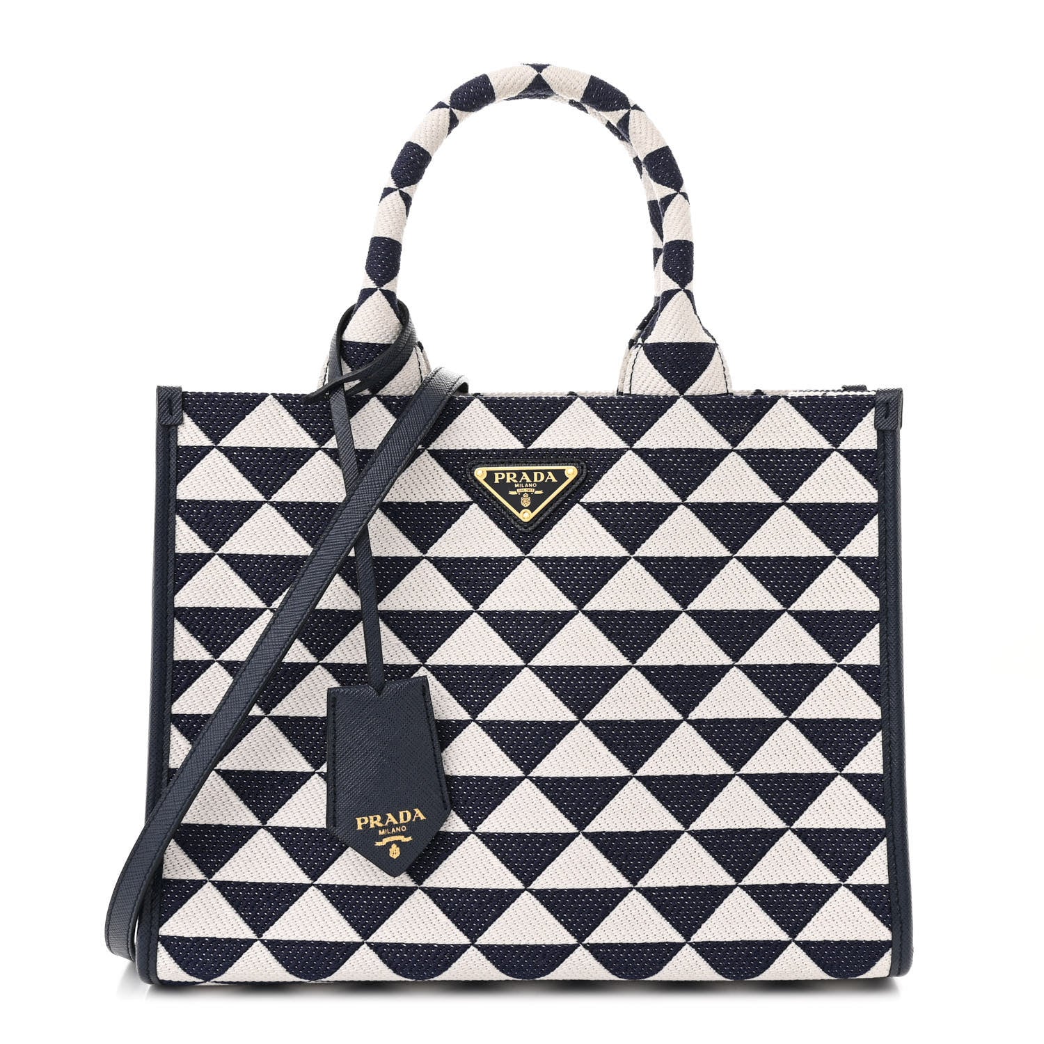 Prada Jacquard Saffiano Triangolo Symbole Embroidered Small Tote Baltico Talco 1 of 12