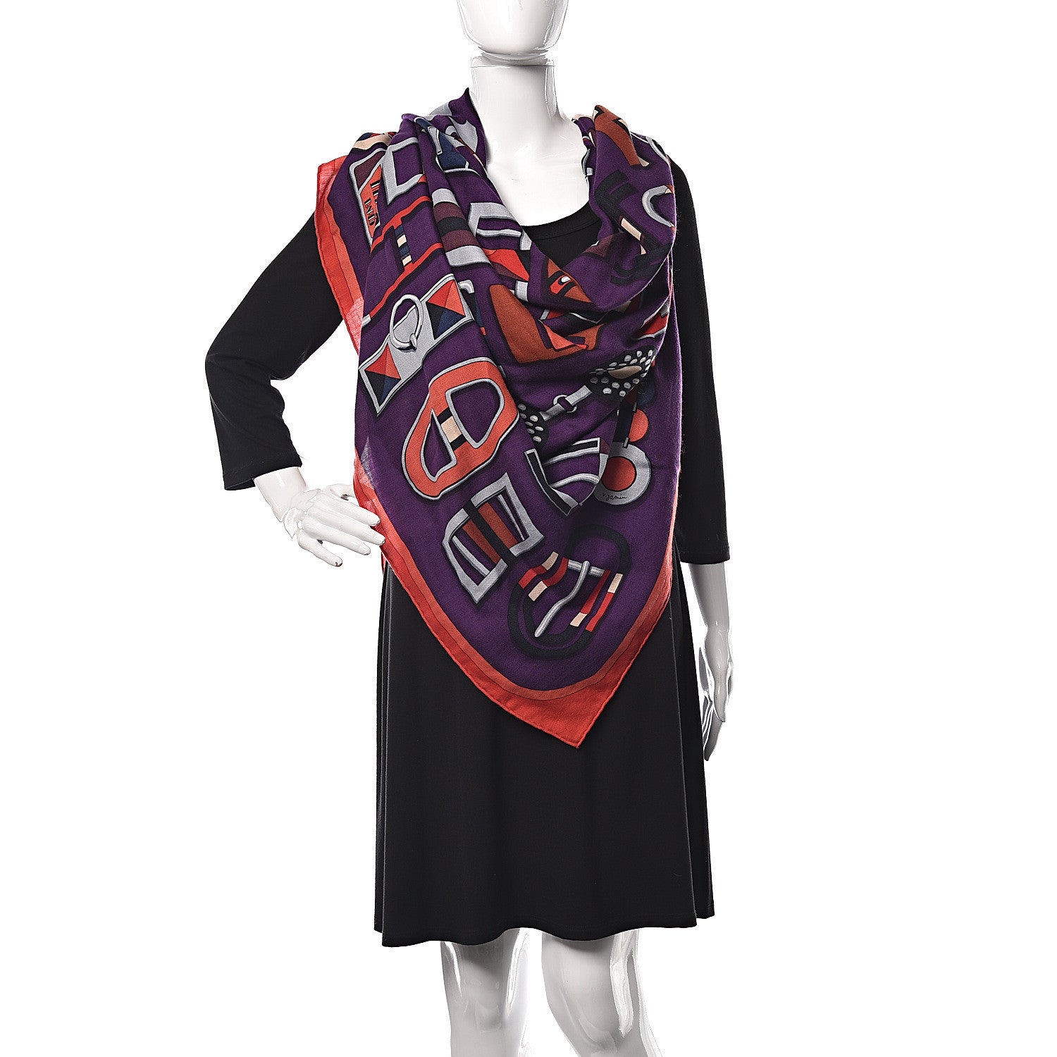 Hermes Cashmere Silk Carre En Boucles Shawl 140 Violet Corail Gris 2 of 5