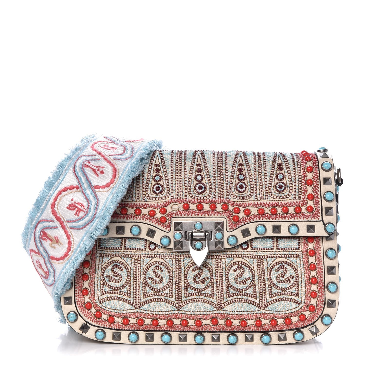 Valentino Garavani Calfskin Embroidered Medium Guitar Strap Rockstud Rolling Flap Saddle Bag 1 of 9