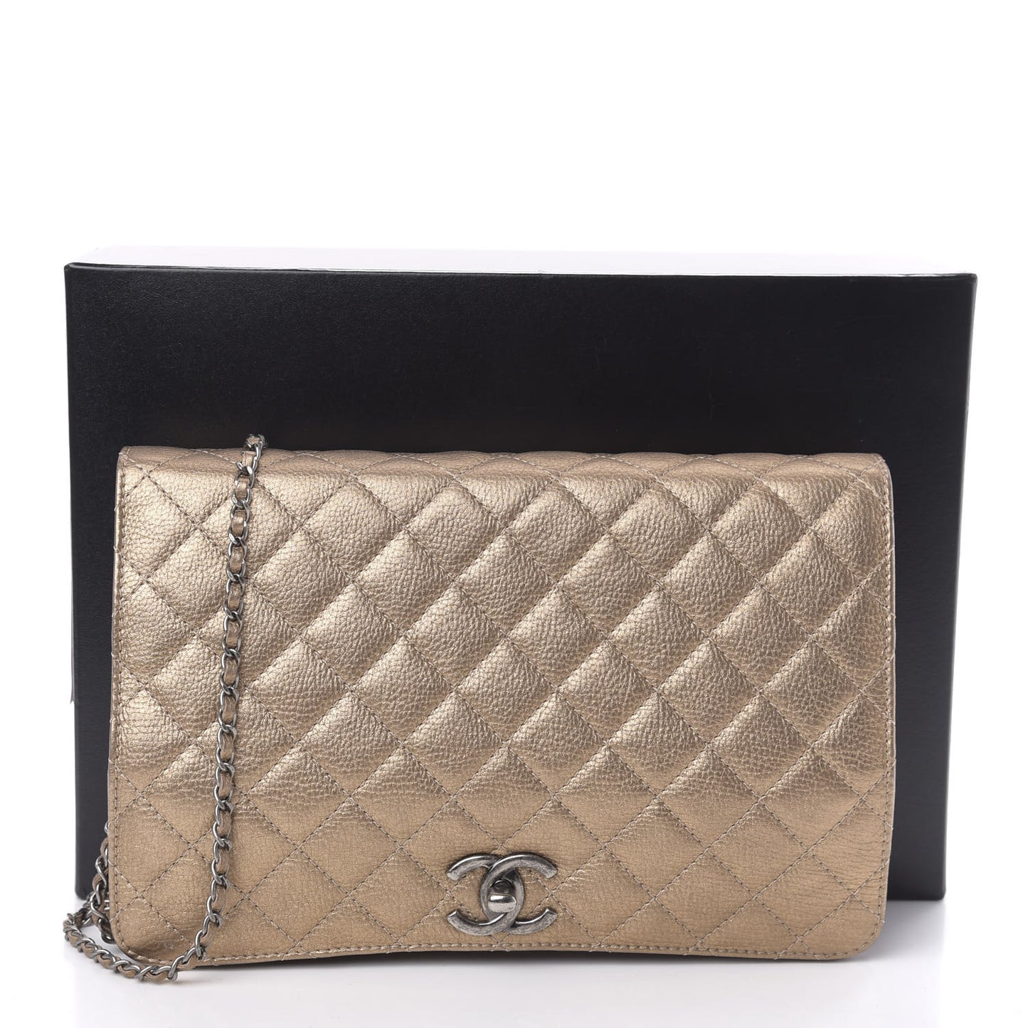 Metallic Calfskin Quilted Flap Clutch Light Bronze