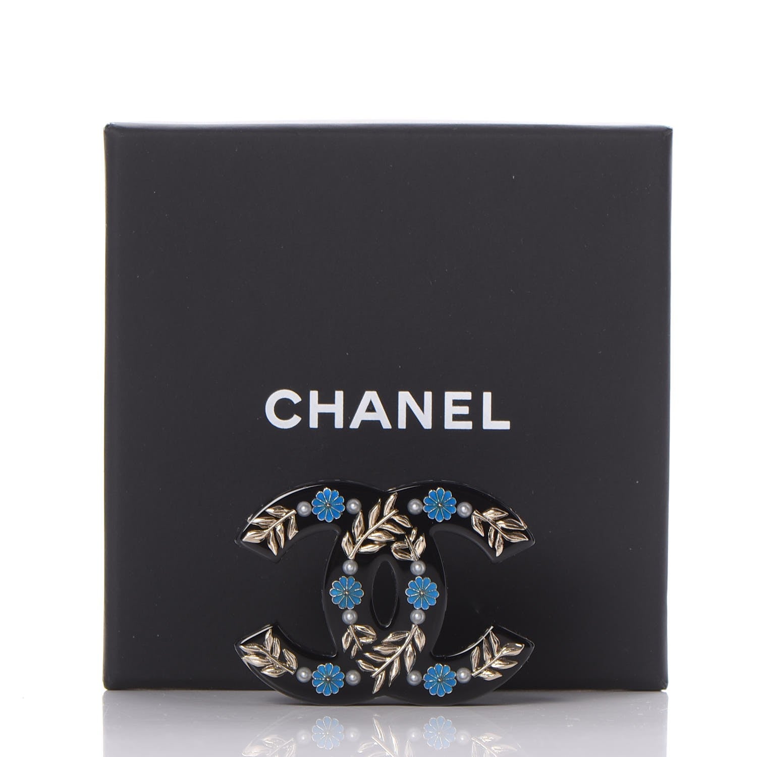 Chanel Resin Pearl Enamel Flower CC Brooch Gold Black Blue 5 of 5