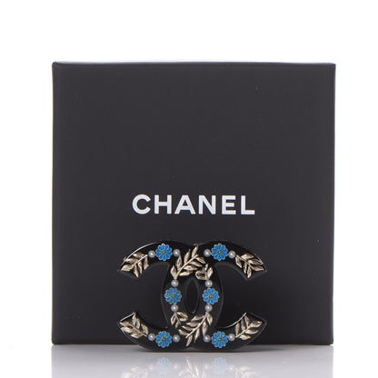 Chanel Resin Pearl Enamel Flower CC Brooch Gold Black Blue 5 of 5