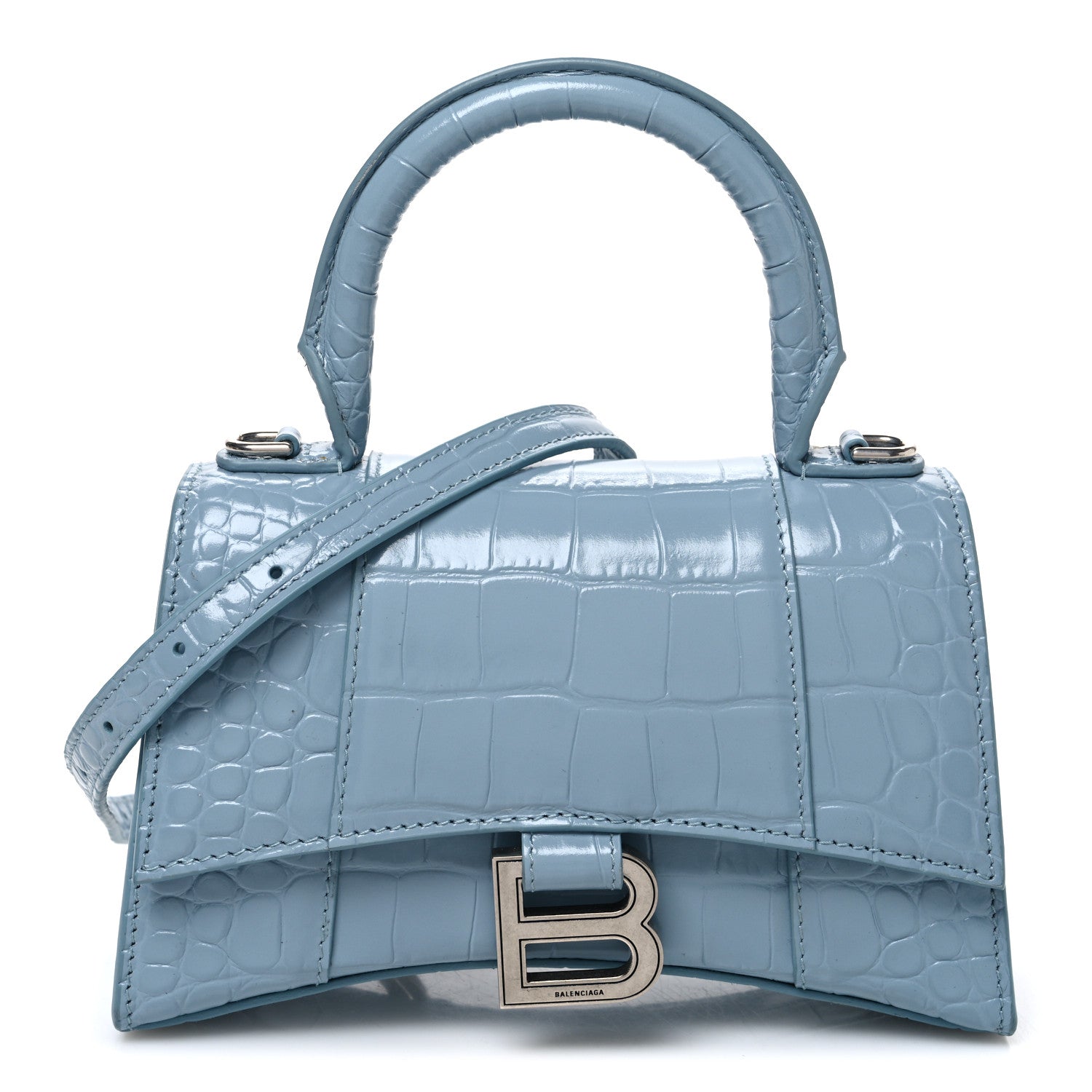 Balenciaga Shiny Calfskin Crocodile Embossed Hourglass Top Handle Bag XS Blue Grey 1 of 11