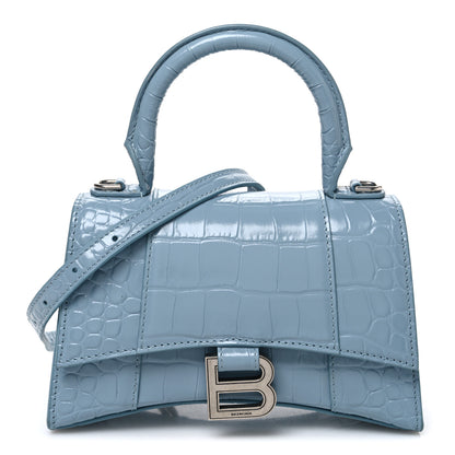 Balenciaga Shiny Calfskin Crocodile Embossed Hourglass Top Handle Bag XS Blue Grey 1 of 11
